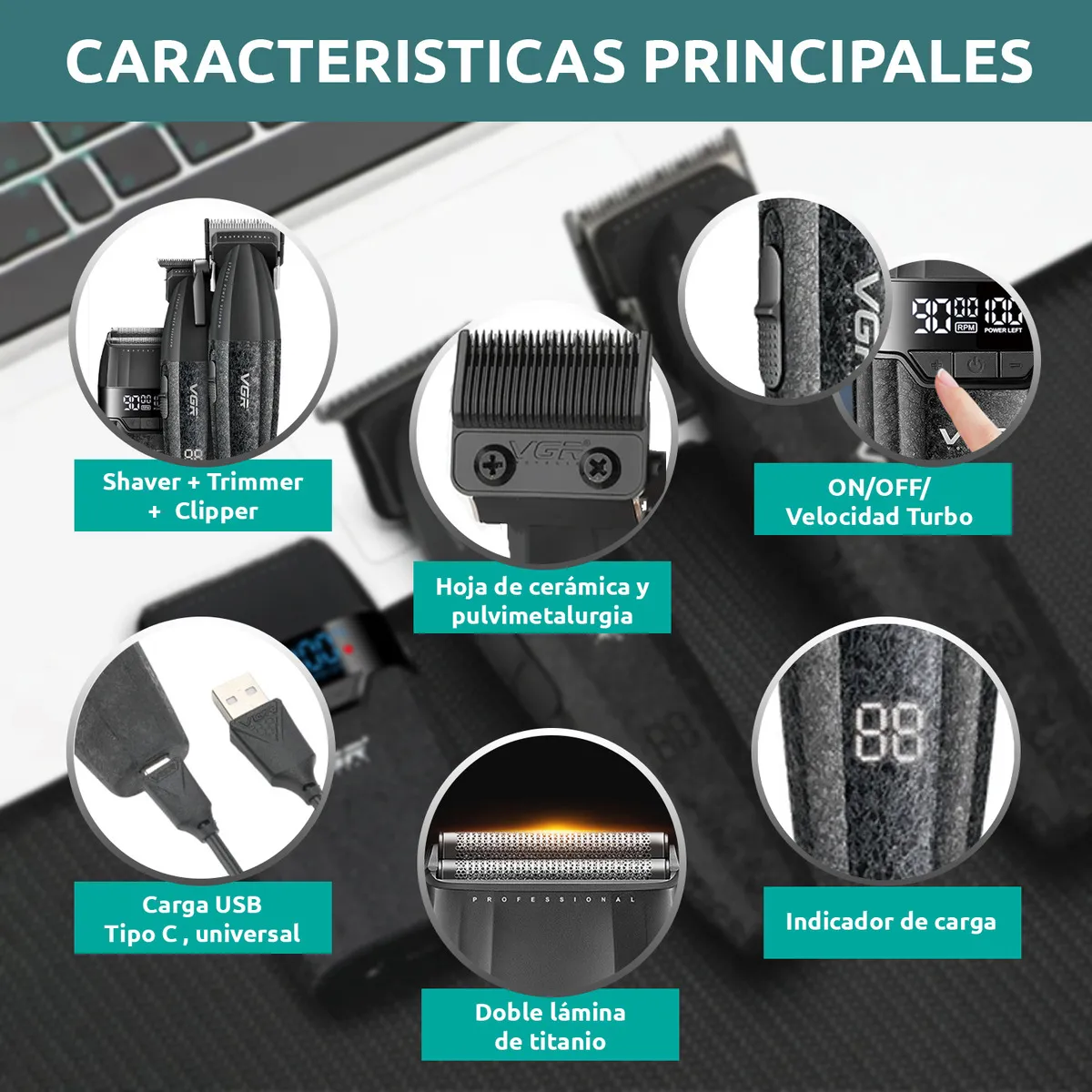 VGR Barber Combo V-640S3-COM 3 en 1 Profesional – Color Negro - Imagen 3