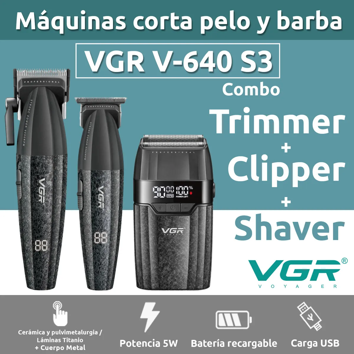 VGR Barber Combo V-640S3-COM 3 en 1 Profesional – Color Negro - Imagen 2