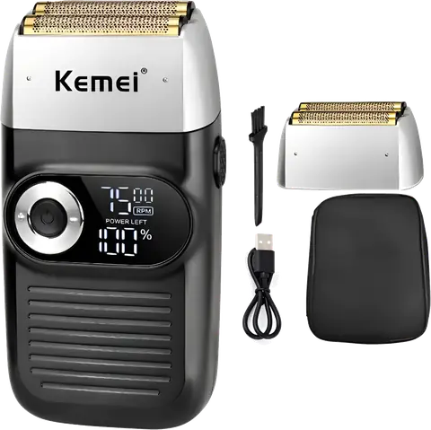 Shaver Kemei plata con lámina de repuesto, cable USB y estuche — Ofertazo Chile