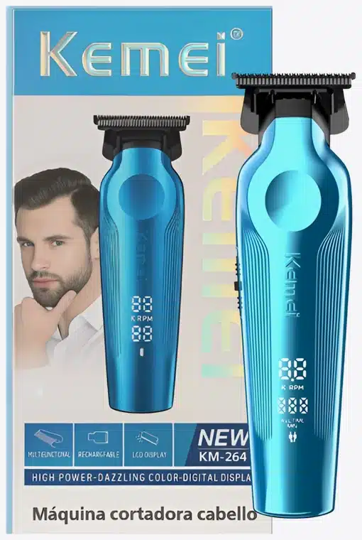 Máquina cortadora de cabello Kemei azul con pantalla digital y caja