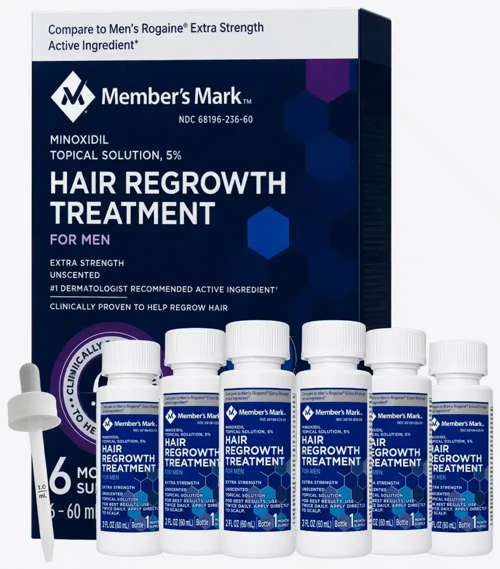 Minoxidil Member's Mark 5% pack de 6 frascos de 60 ml con caja y gotero